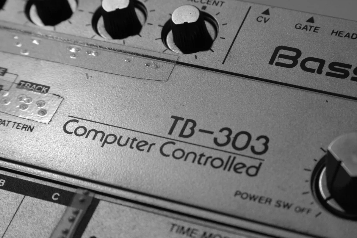 Close-up of a Roland TB-303 Bass Line panel, with the accent knob and the words Computer Controlled
