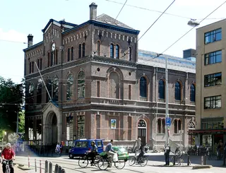 The brick front of Paradiso, a former church hall in Amsterdam