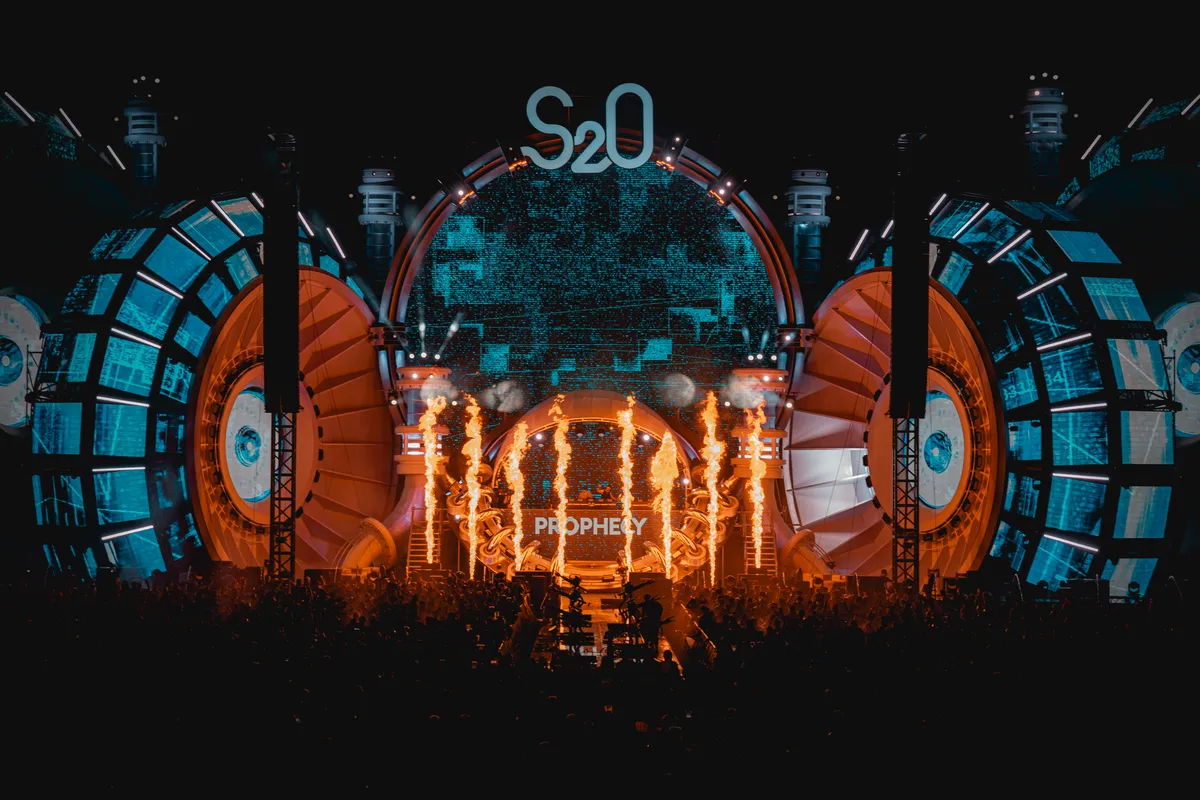 The S2O stage lit in orange with fire effects during a set by Prophecy