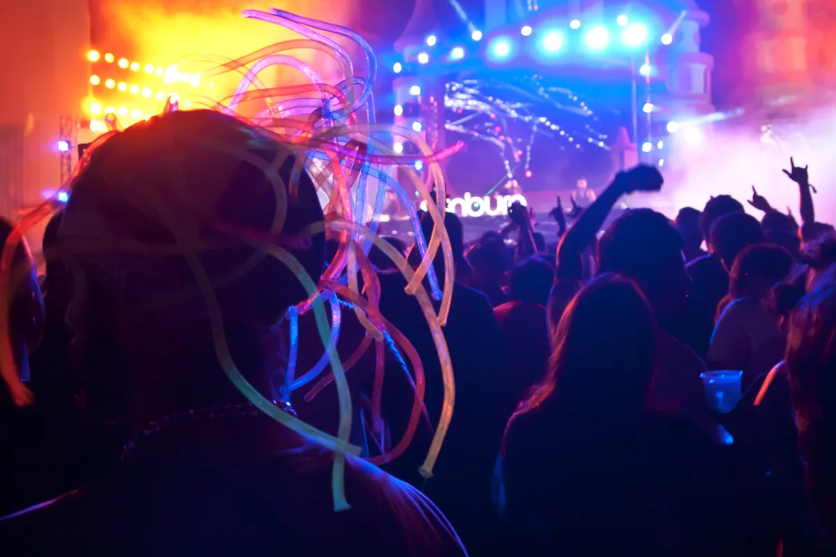 Lights and a stage at night at Sunburn Festival in Candolim, Goa