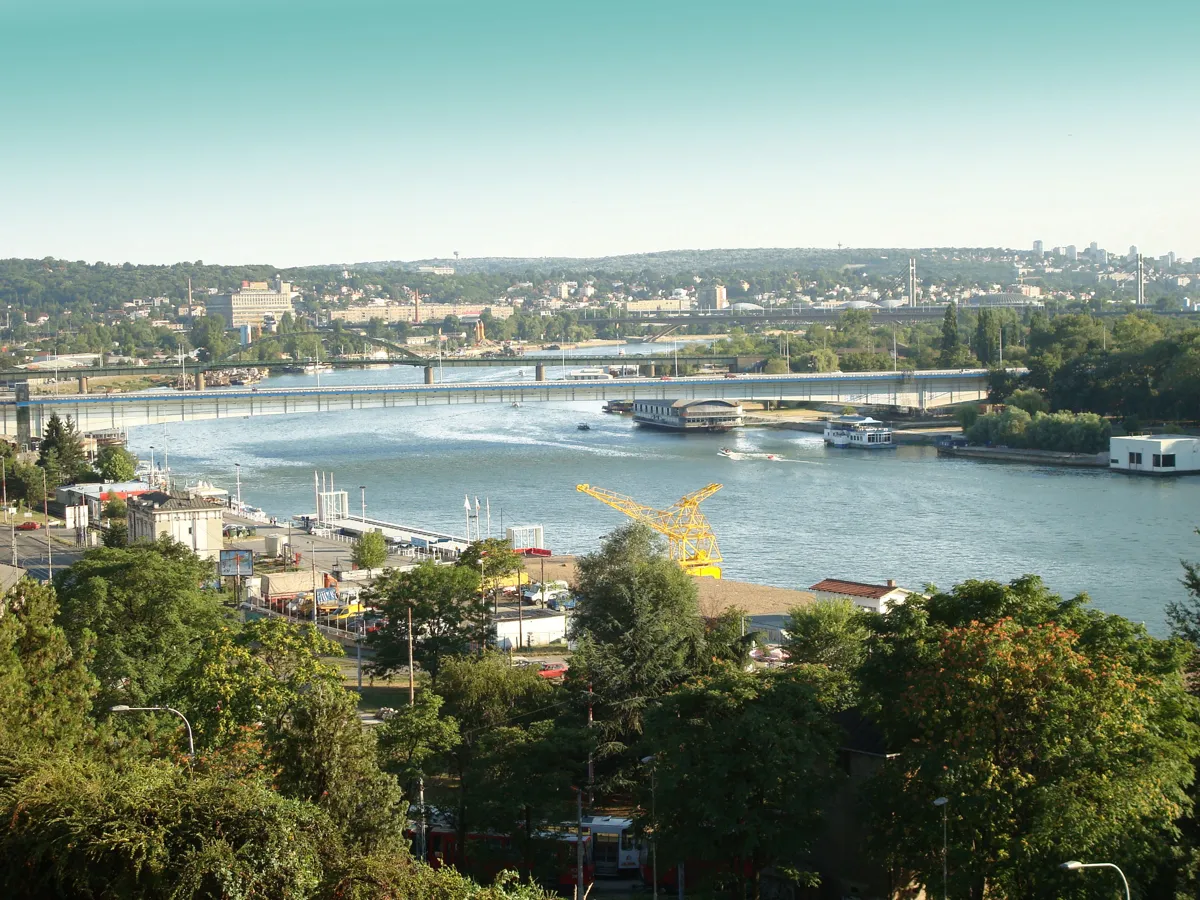 The Sava river in Belgrade seen from Kalemegdan fortress, with road bridges and moored boats