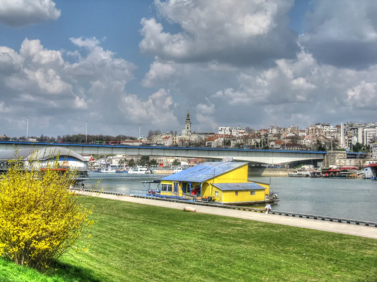 A floating building moored along the Savski kej embankment on the Sava in Belgrade