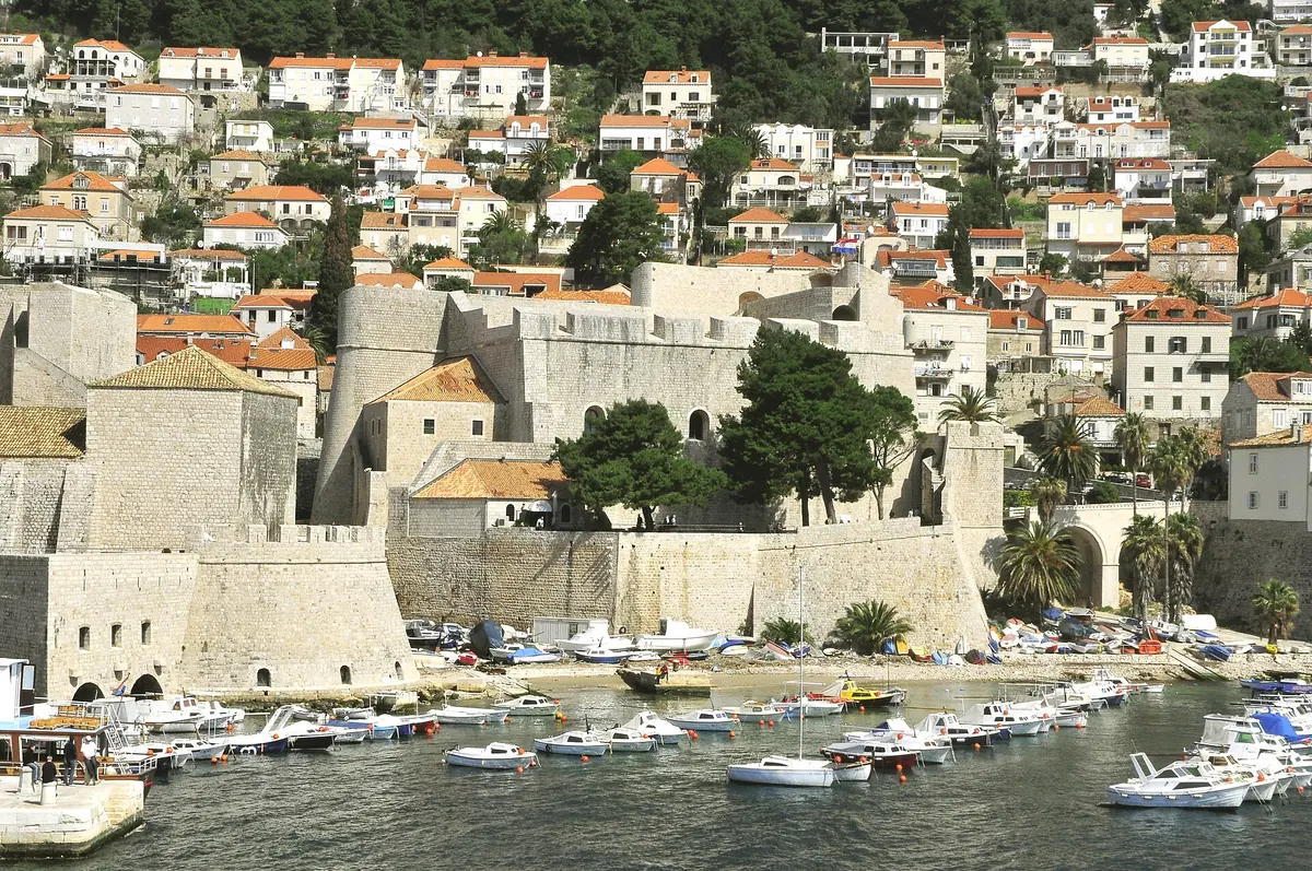 The Revelin Fortress and its surroundings in Dubrovnik seen from the old harbour