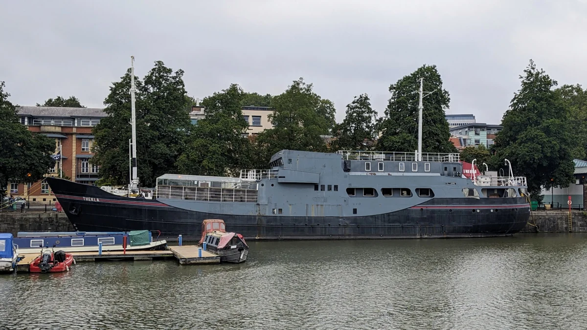 Thekla, a converted cargo ship moored in Bristol's Floating Harbour, seen from the waterside