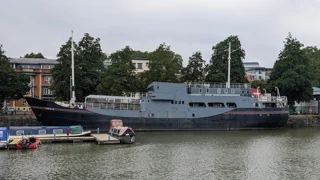 Thekla, a converted cargo ship moored in Bristol's Floating Harbour, seen from the waterside