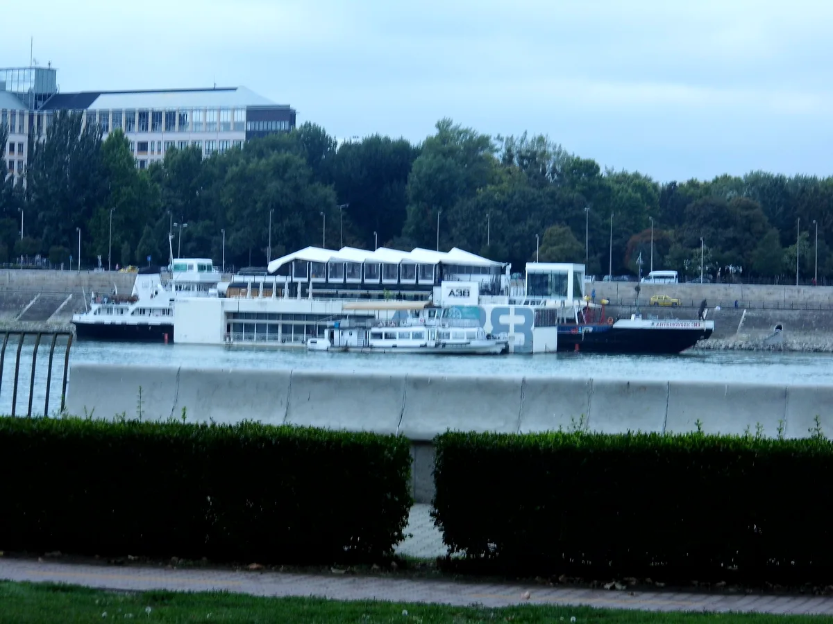 The A38 ship moored on the Danube in Budapest, a converted 1968 cargo vessel