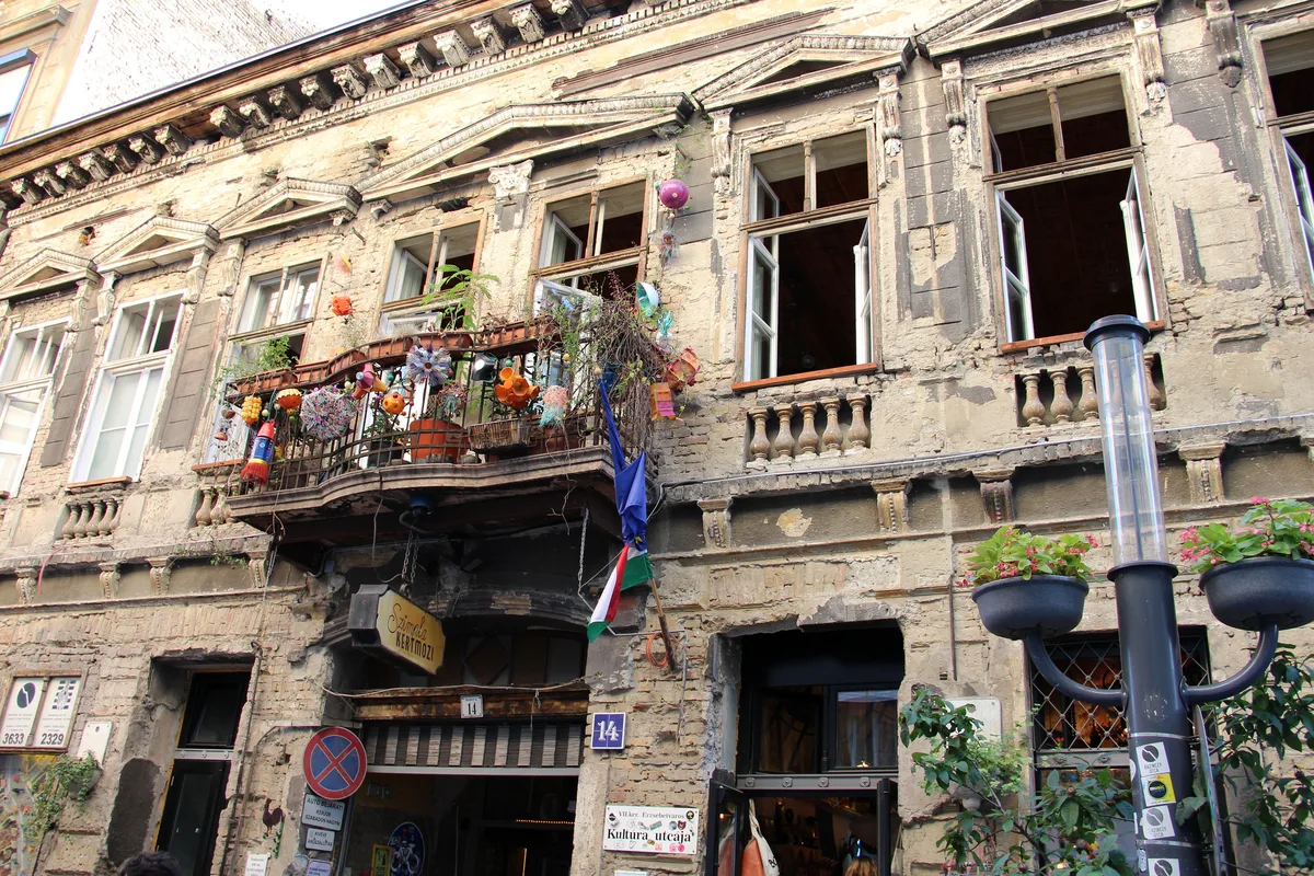 The eclectic courtyard interior of Szimpla Kert, Budapest's original ruin bar
