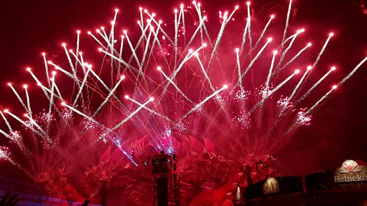 Red fireworks above the main stage during the Defqon.1 Sunday endshow