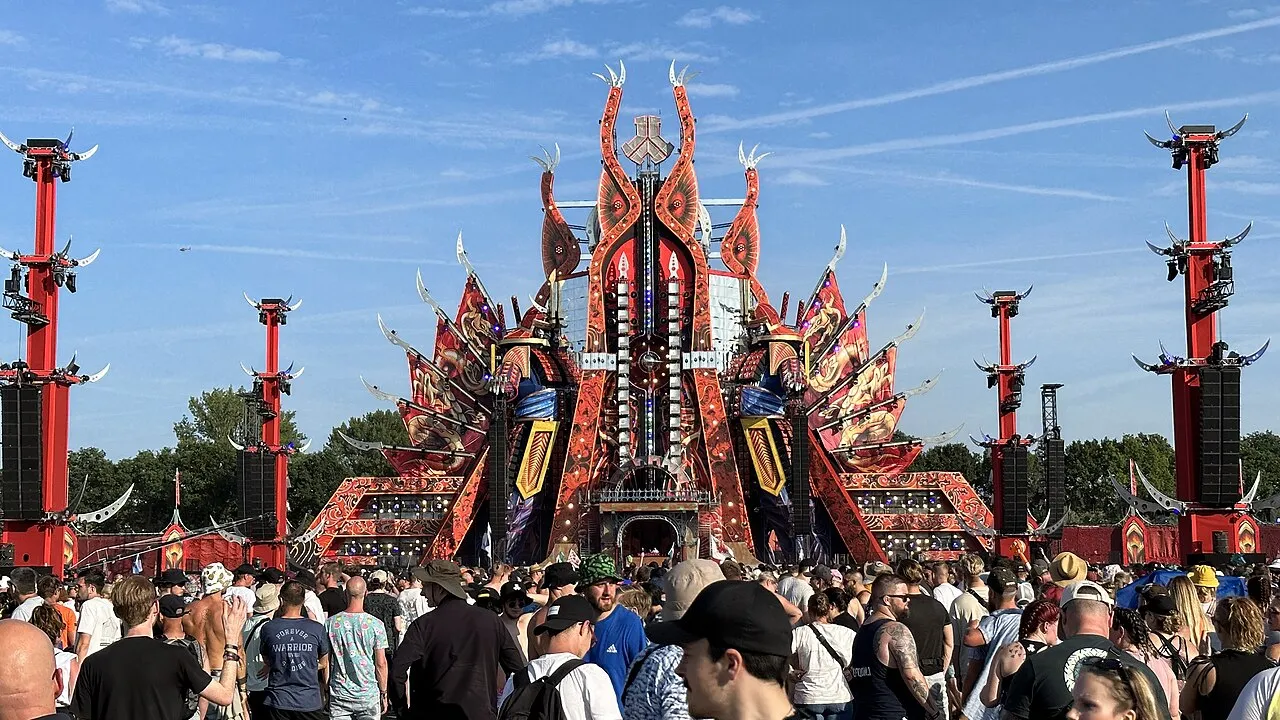 The Red main stage at Defqon.1 2023 in daylight, with a crowd in front