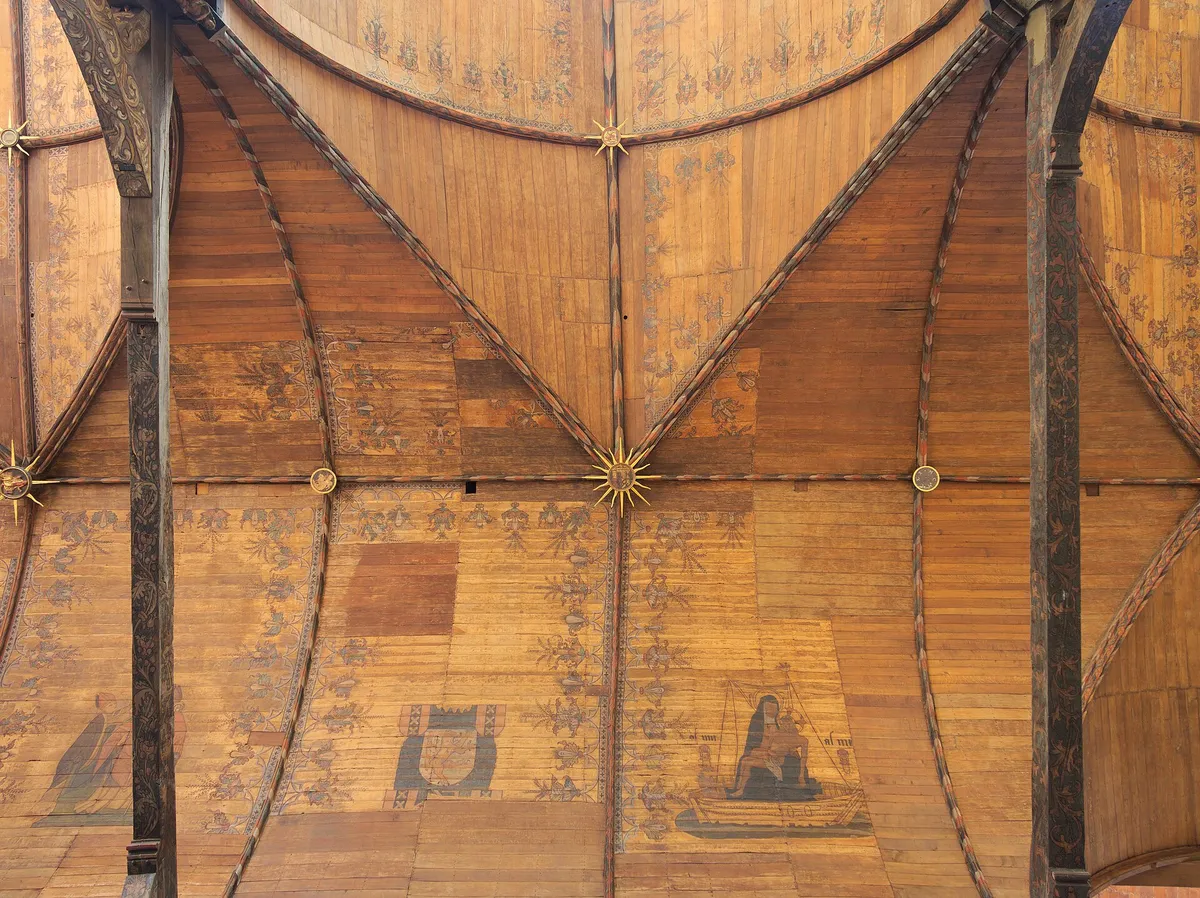 The painted wooden ceiling inside the Oude Kerk in Amsterdam