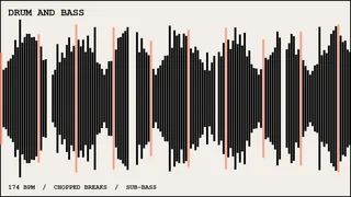 A chopped breakbeat waveform with the beat grid marked, labelled drum and bass, 174 BPM