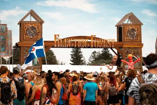 The wooden Electric Forest entrance arch with a crowd of festival-goers in front of it