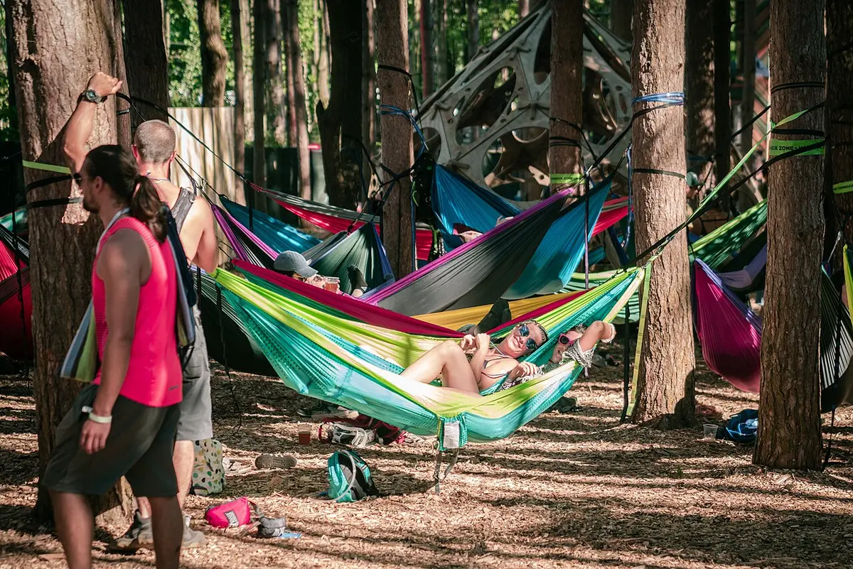 People resting in hammocks hung among the trees at Electric Forest