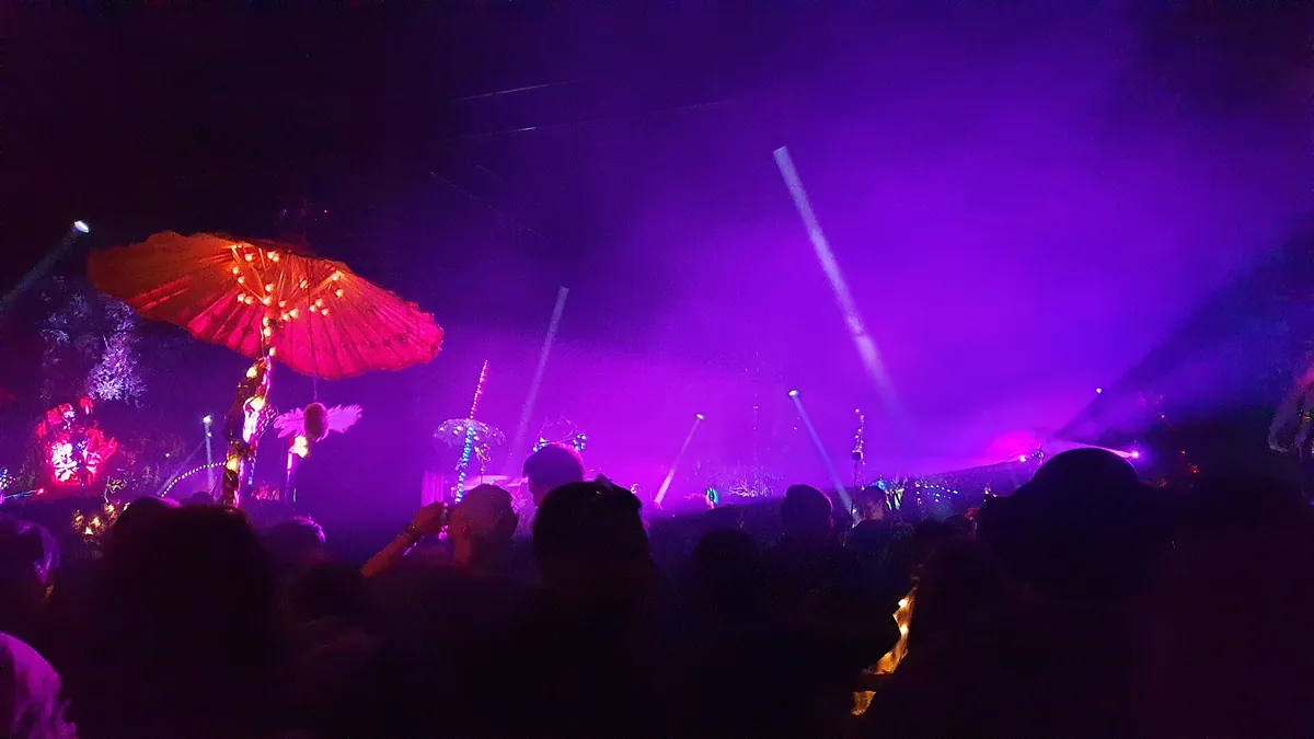 The Palapa stage at night during Fusion Festival 2019, with a crowd in purple light and an orange umbrella