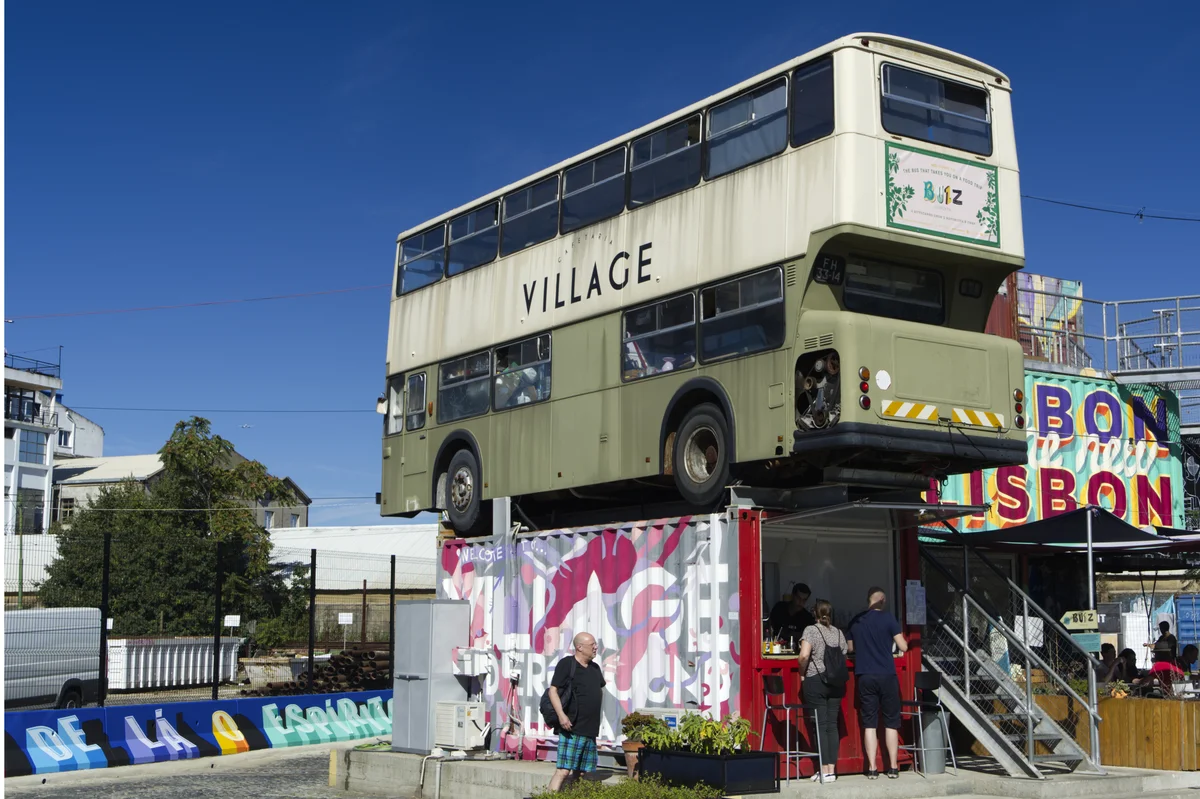 The double-decker bus at Village Underground Lisboa, part of the venue's creative campus