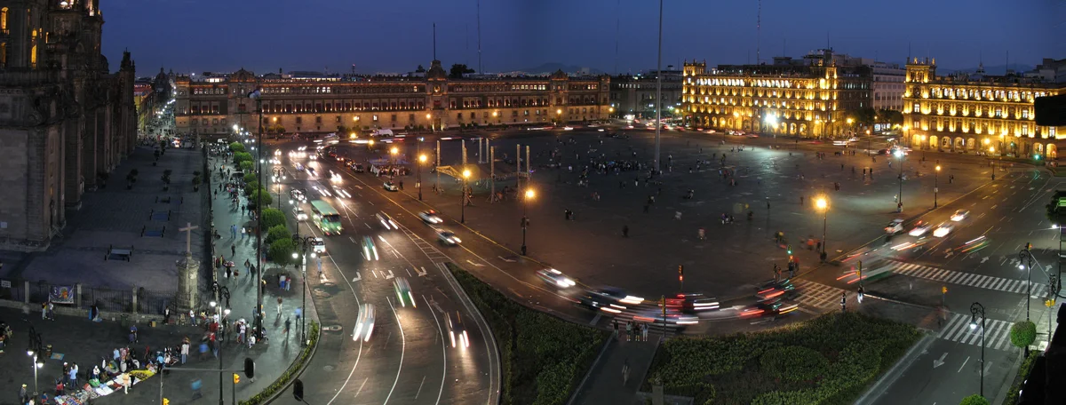 The Zócalo, Mexico City's main square, seen from above at nightfall
