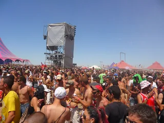 Wide view of Monegros Desert Festival stages and crowd in 2009
