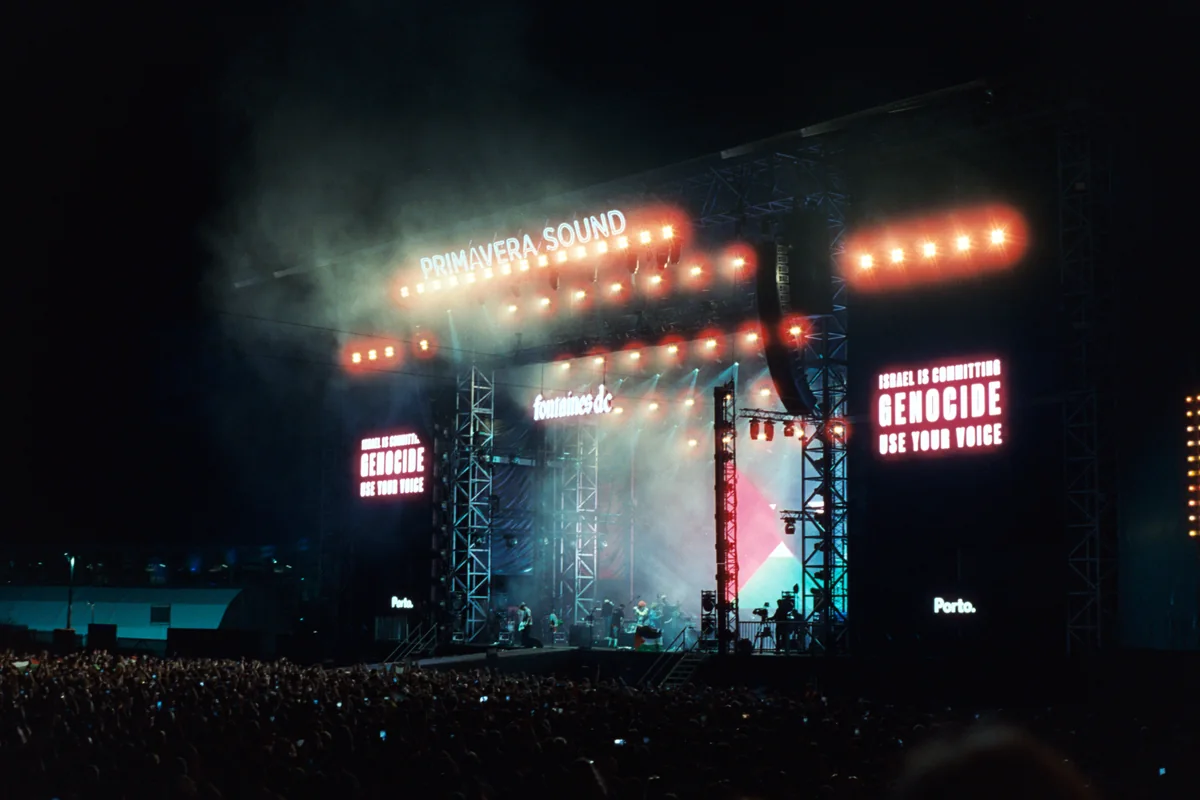 Fontaines D.C. performing on the large Primavera Sound Porto stage at night in 2025